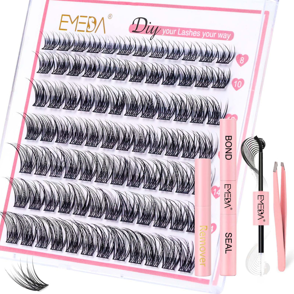 EMEDA Natural Lash Clusters Kit Eyelash Clusters Wispy C Curl Individual Lashes DIY at Home Super Thin Band Cluster lashes with Bond and Seal Remover Tweezers (Mix Length 8-16mm Natural)