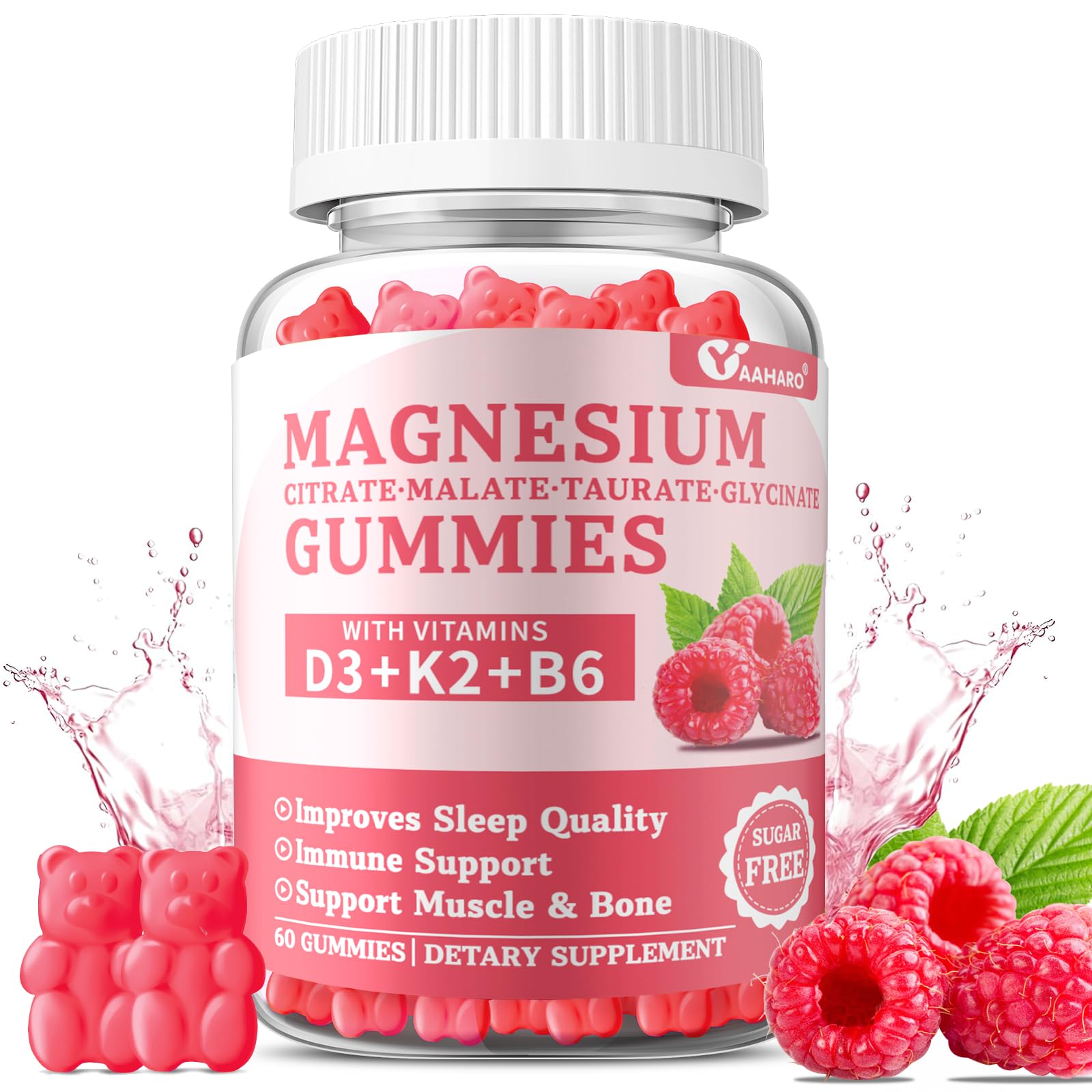 Magnesium Glycinate Gummies 400mg - with Citrate Taurate & Malate - Vitamin D3 K2 & B6 Complex - Sugar Free Magnesium Gummies for Adults & Kids - Sleep Support - Vegan Gluten Free - 60 Gummies