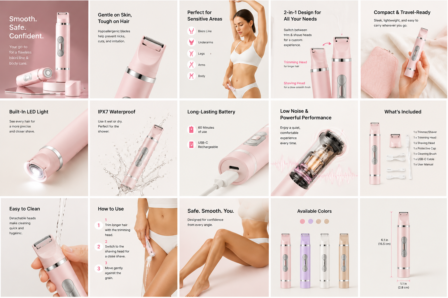 Dual-Head Electric Shaver Painless Women's Epilator Bikini Hair Removal Device Automatic Hair Trimmer Underarm Facial Lips Leg